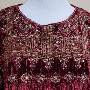 Red velvet embroidered frock top with floral print